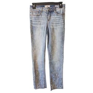 Black Daisy Cropped Raw Hem Rhinestoned Women's Jeans Light Blue Sz3/26, T0043